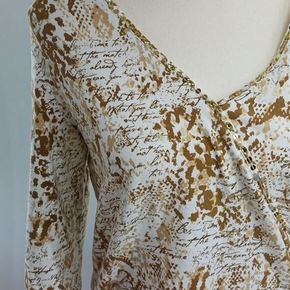 Ruby Rd. T Shirt Abstract Print Brown Sequins V Neck 3/4 Sleeve Womens Size M - Picture 3 of 7